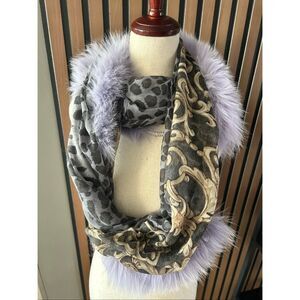 Animal print scarves with real fox fur dyed purple infinity loop